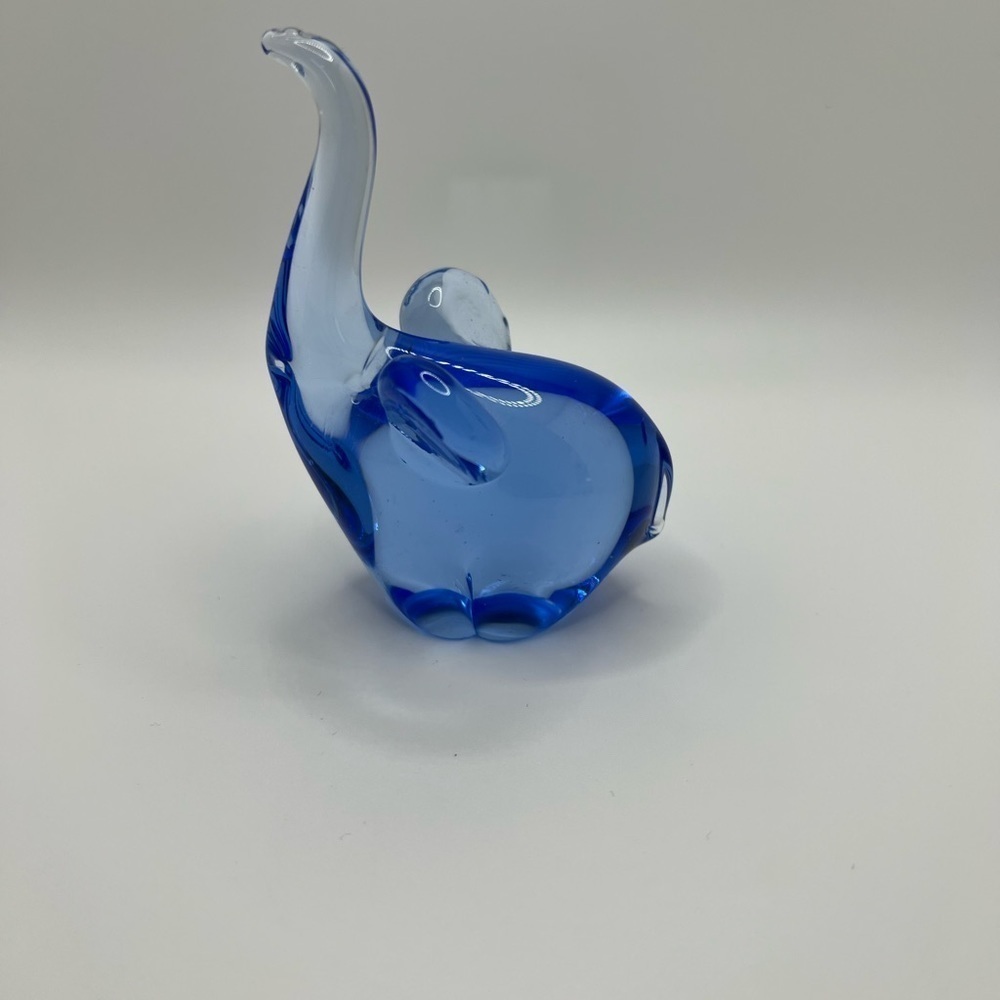 Elephant Tiny Art Glass Figurine Paperweight Trunk Up Cobalt Blue Clear.